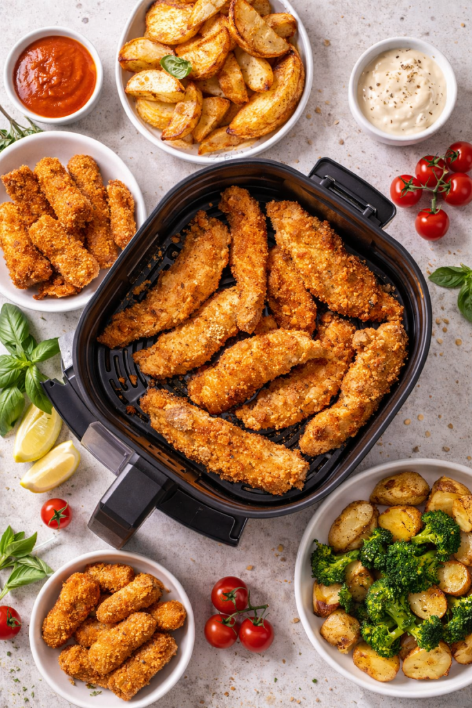  A variety of crispy air fryer recipes including chicken, potatoes, and vegetables arranged on a table