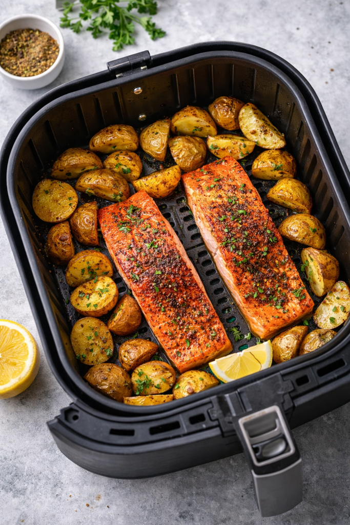 air fryer basket with salmon fillets and seasoned baby potatoes before cooking quick dinner