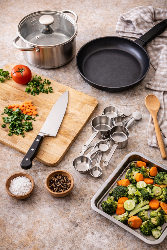 beginner kitchen tools flat lay with knife cutting board pan pot and vegetables