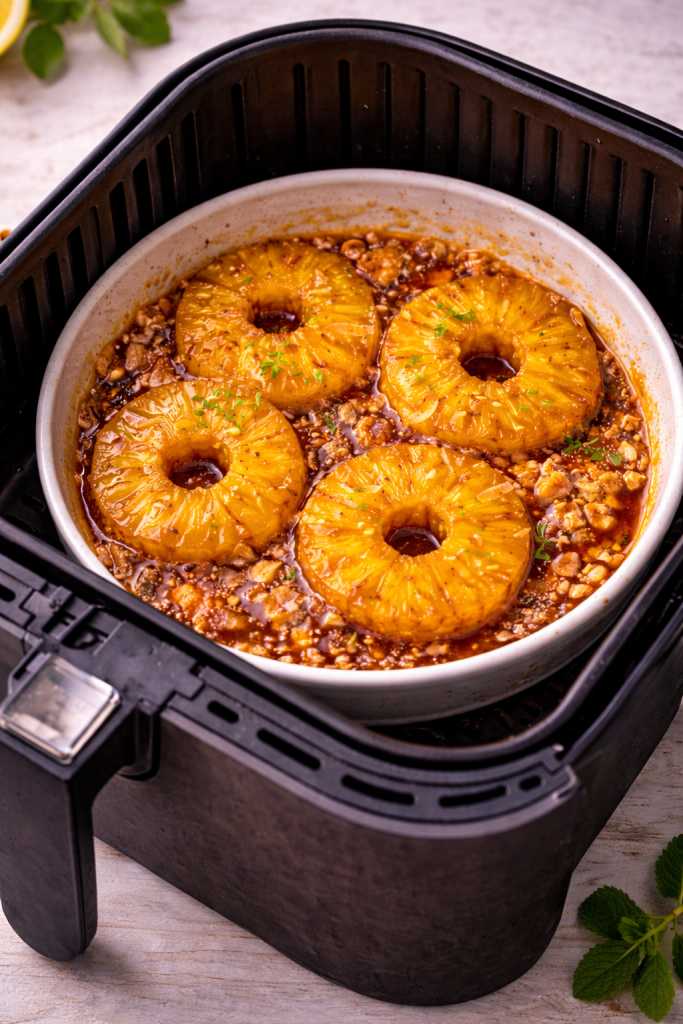 caramelized pineapple rings cooking in an air fryer with brown sugar syrup