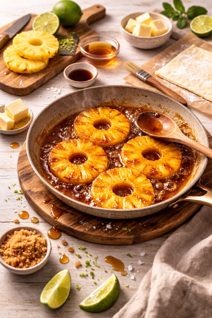 pineapple rings caramelizing in a skillet with brown sugar and butter for pineapple upside down tart