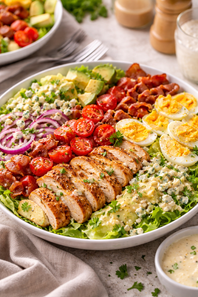 Chicken Cobb salad served family style with grilled chicken, bacon, eggs, avocado and creamy dressing on a shared table