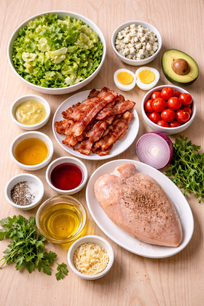 Ingredients for chicken Cobb salad arranged on a light wooden table including chicken, bacon, eggs, avocado, lettuce and toppings