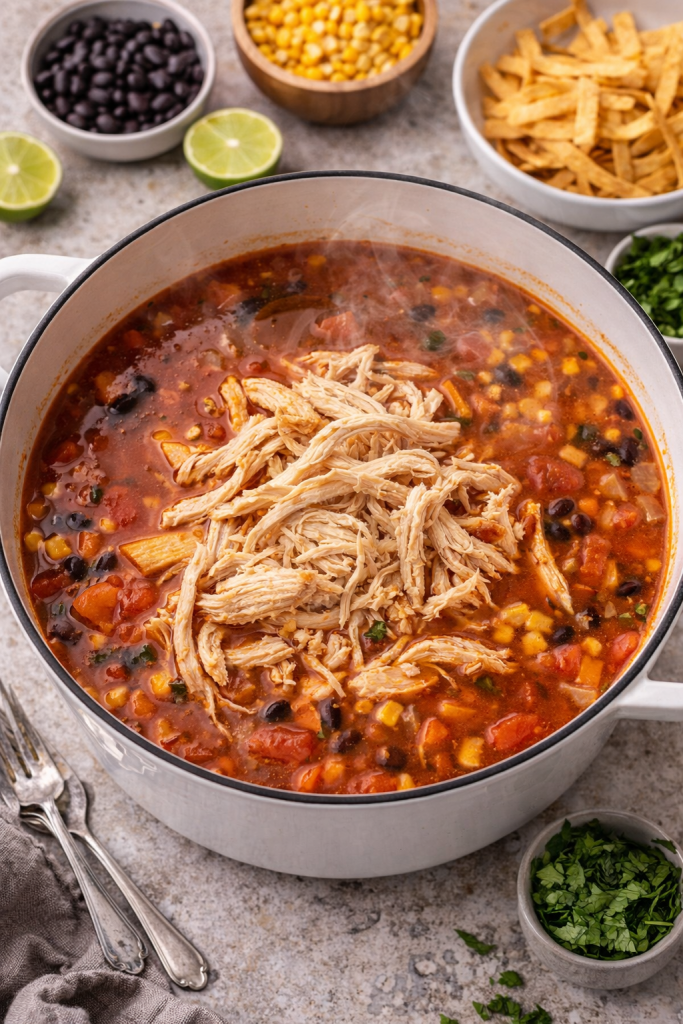 Chicken tortilla soup simmering in a pot with shredded chicken, tomatoes, beans, and corn during cooking