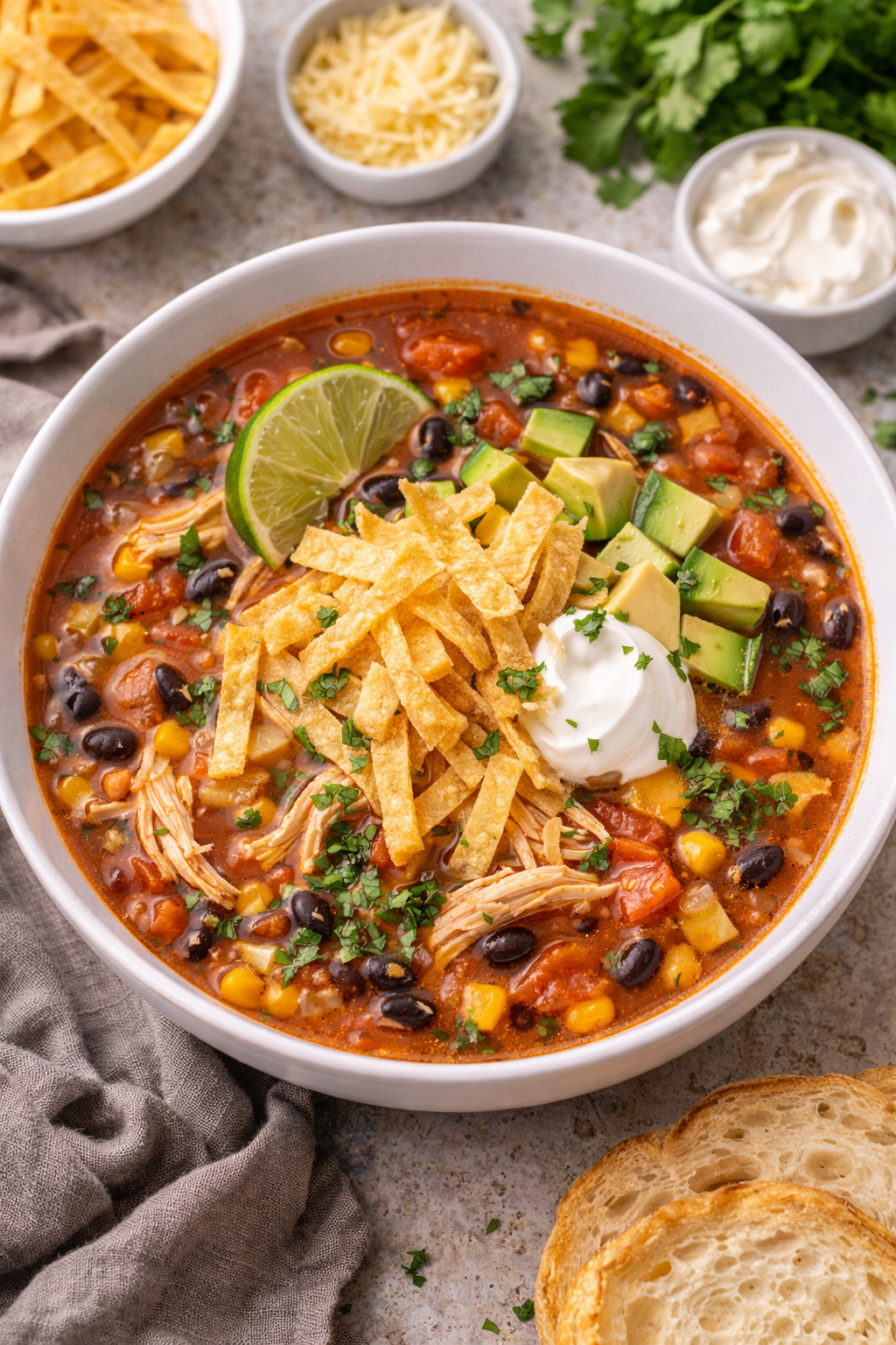 Chicken tortilla soup topped with crispy tortilla strips, avocado, sour cream, and fresh cilantro in a bowl