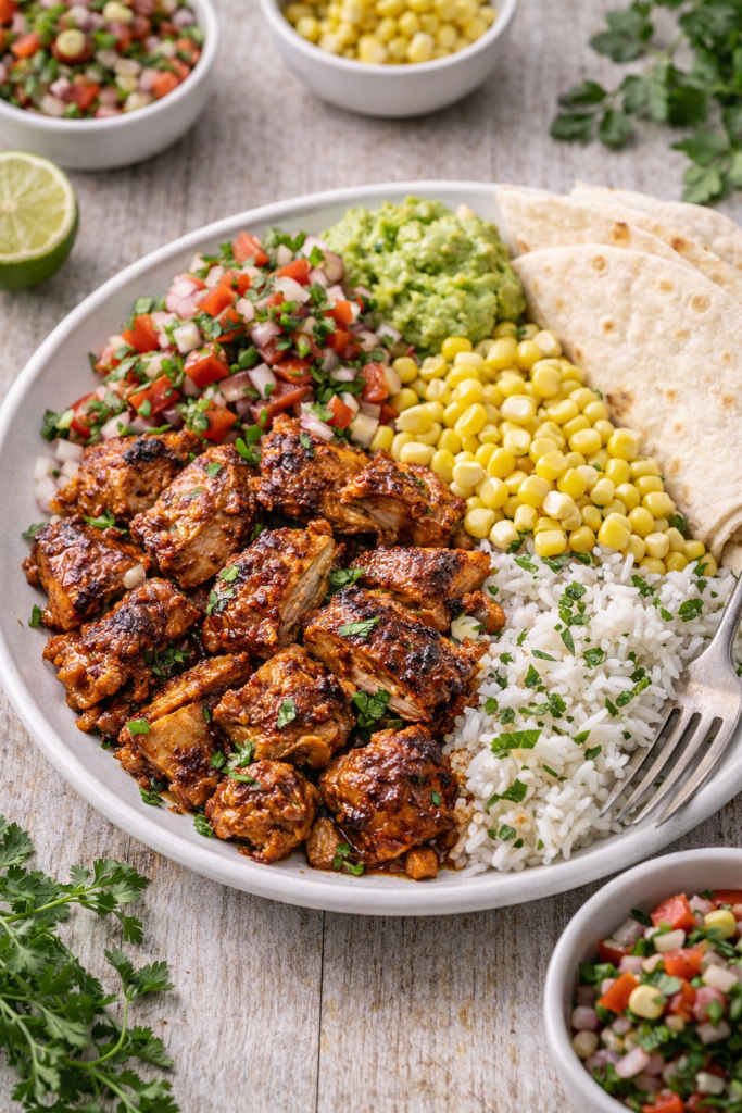 Chipotle chicken served in a bowl with rice, corn, fresh salsa, cilantro, and lime