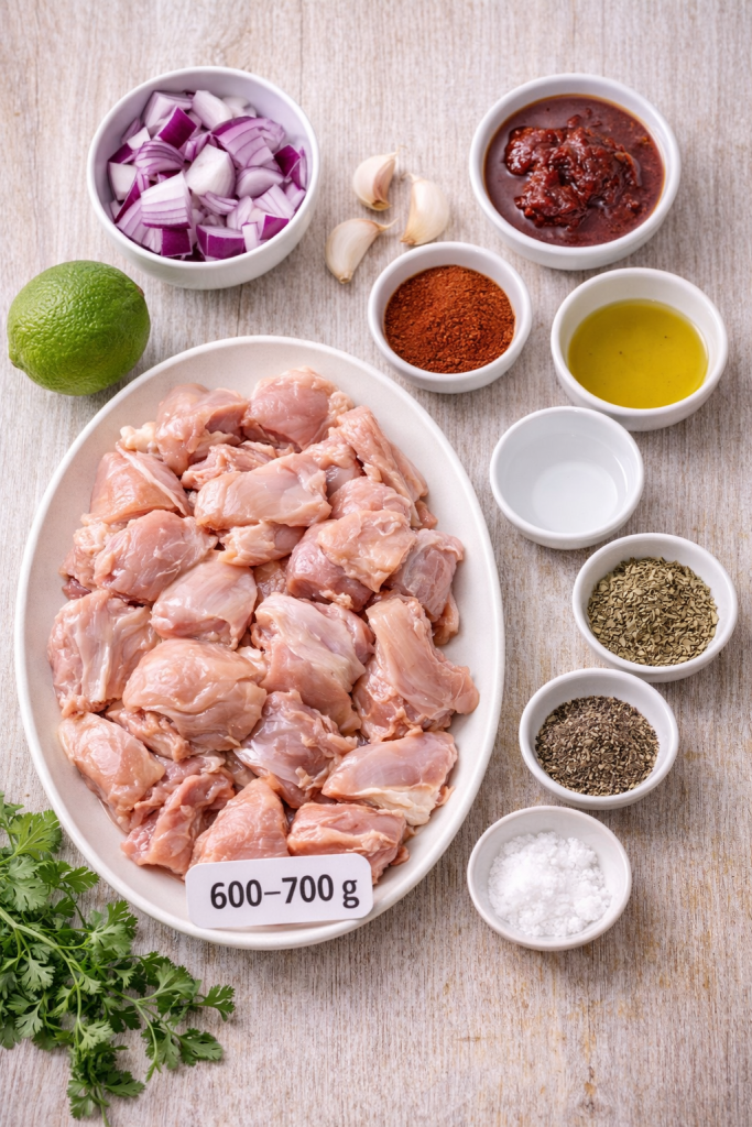 Ingredients for chipotle chicken including raw chicken thighs, chipotle sauce, garlic, onion, spices, olive oil, and lime on a light wooden table