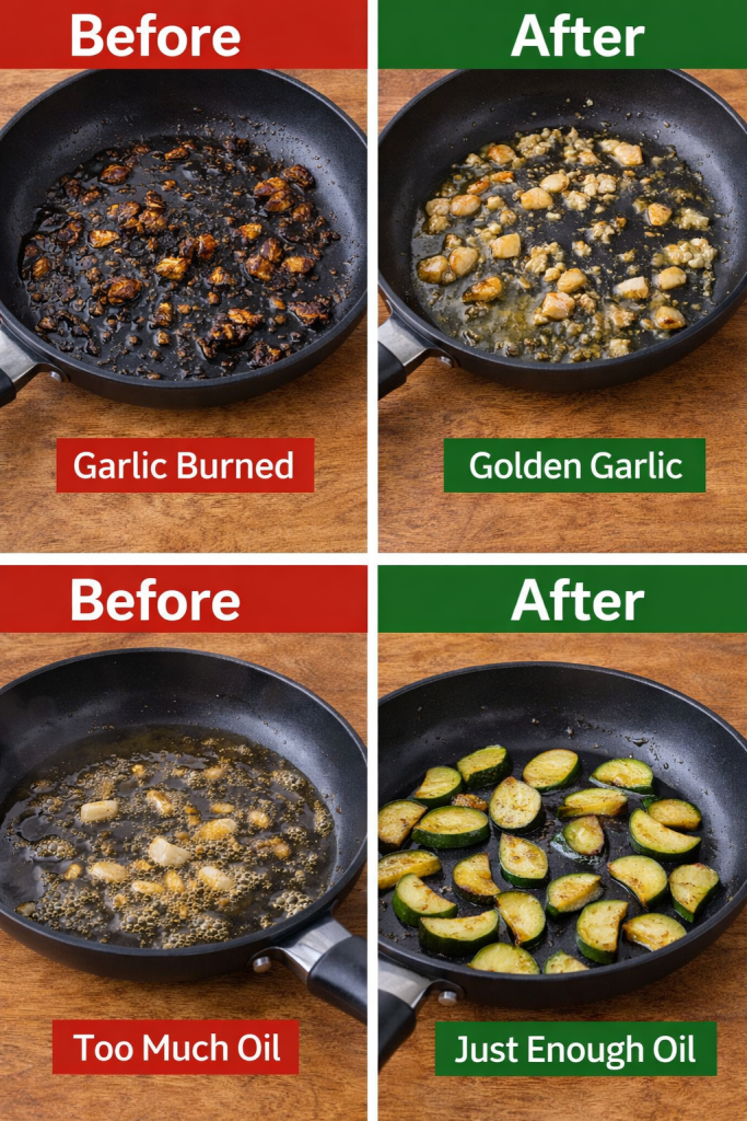 cooking mistakes garlic burned vs golden garlic and too much oil vs just enough oil comparison