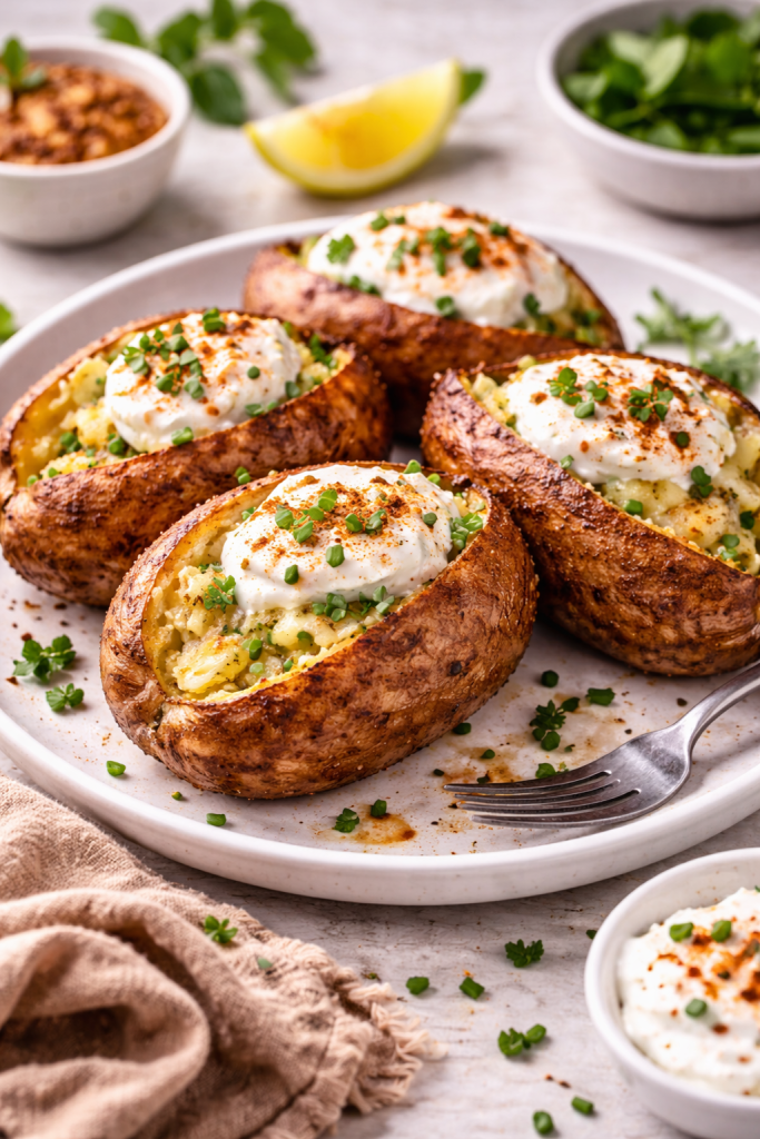 crispy air fryer baked potatoes with garlic herb butter