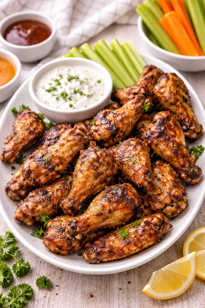 Crispy air fryer chicken wings served with dipping sauces, celery and carrot sticks on a white plate
