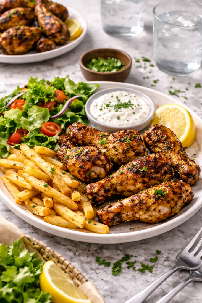 crispy air fryer chicken wings with fries and green salad on one plate, complete dinner