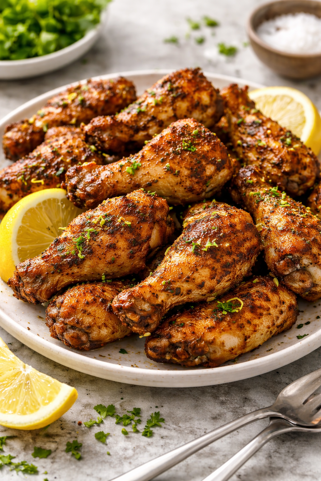 golden crispy air fryer chicken wings on plate with parsley and lemon
