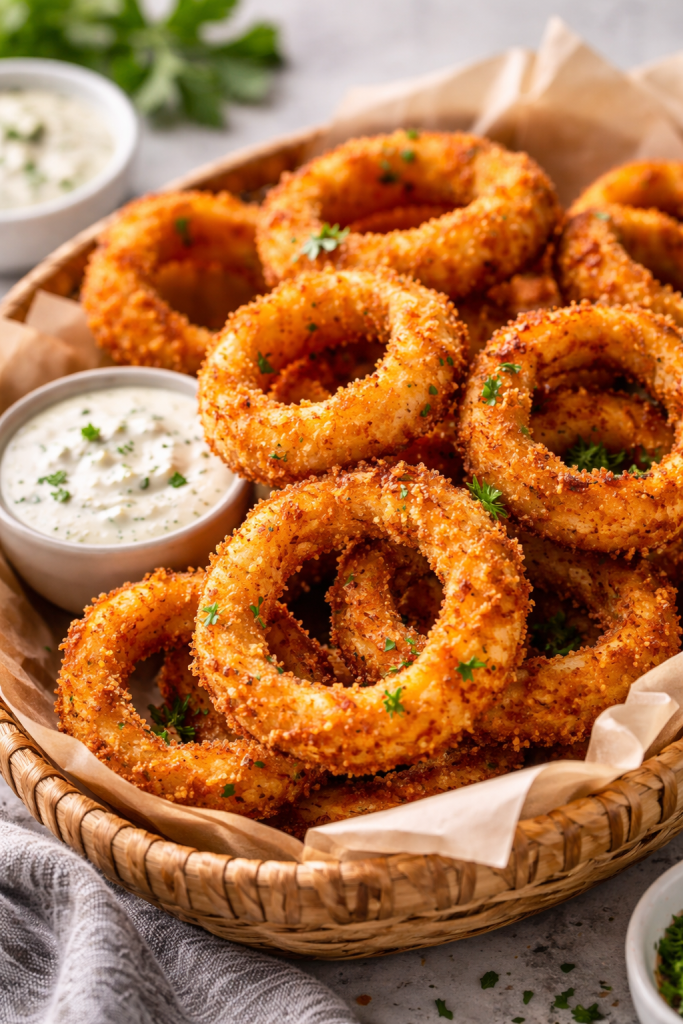 Crispy air fryer onion rings with golden panko coating served with creamy dipping sauce