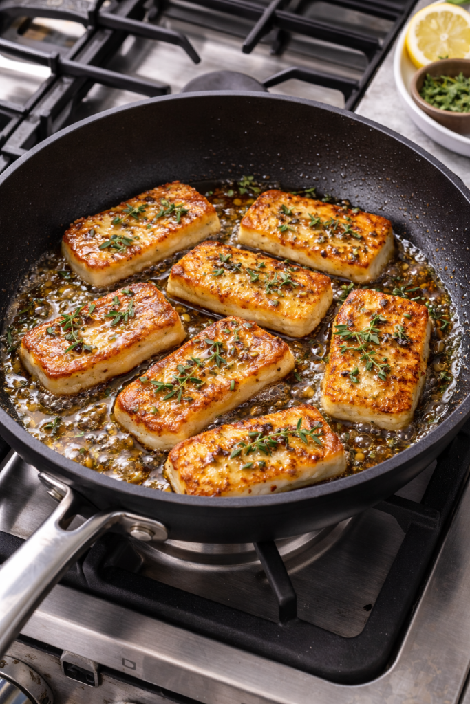 crispy halloumi slices frying in a skillet with honey and thyme on stovetop