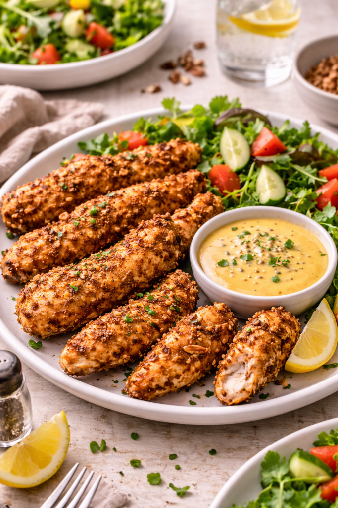 pecan crusted chicken strips with honey mustard sauce