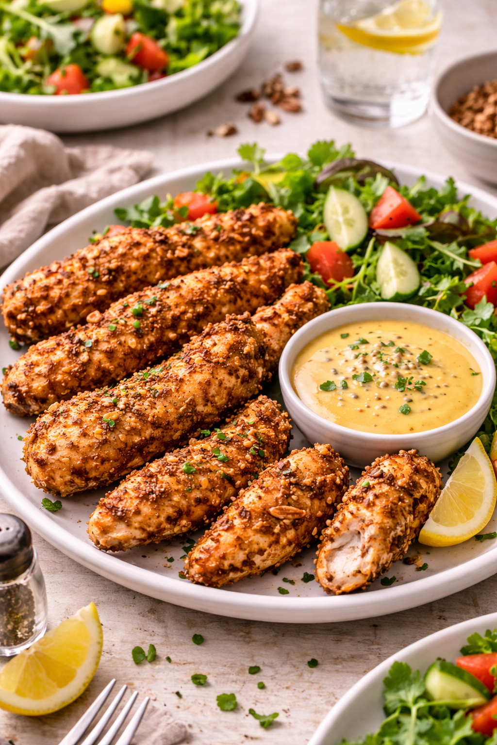 pecan crusted chicken strips with honey mustard sauce