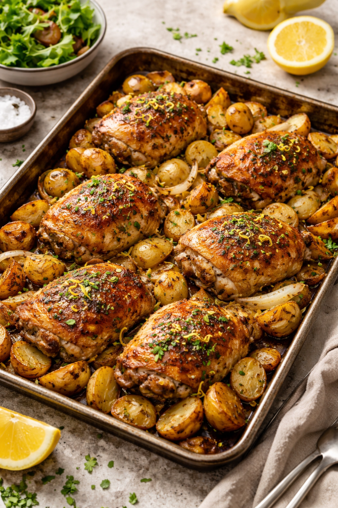 crispy skin roasted chicken thighs with garlic potatoes easy dinner