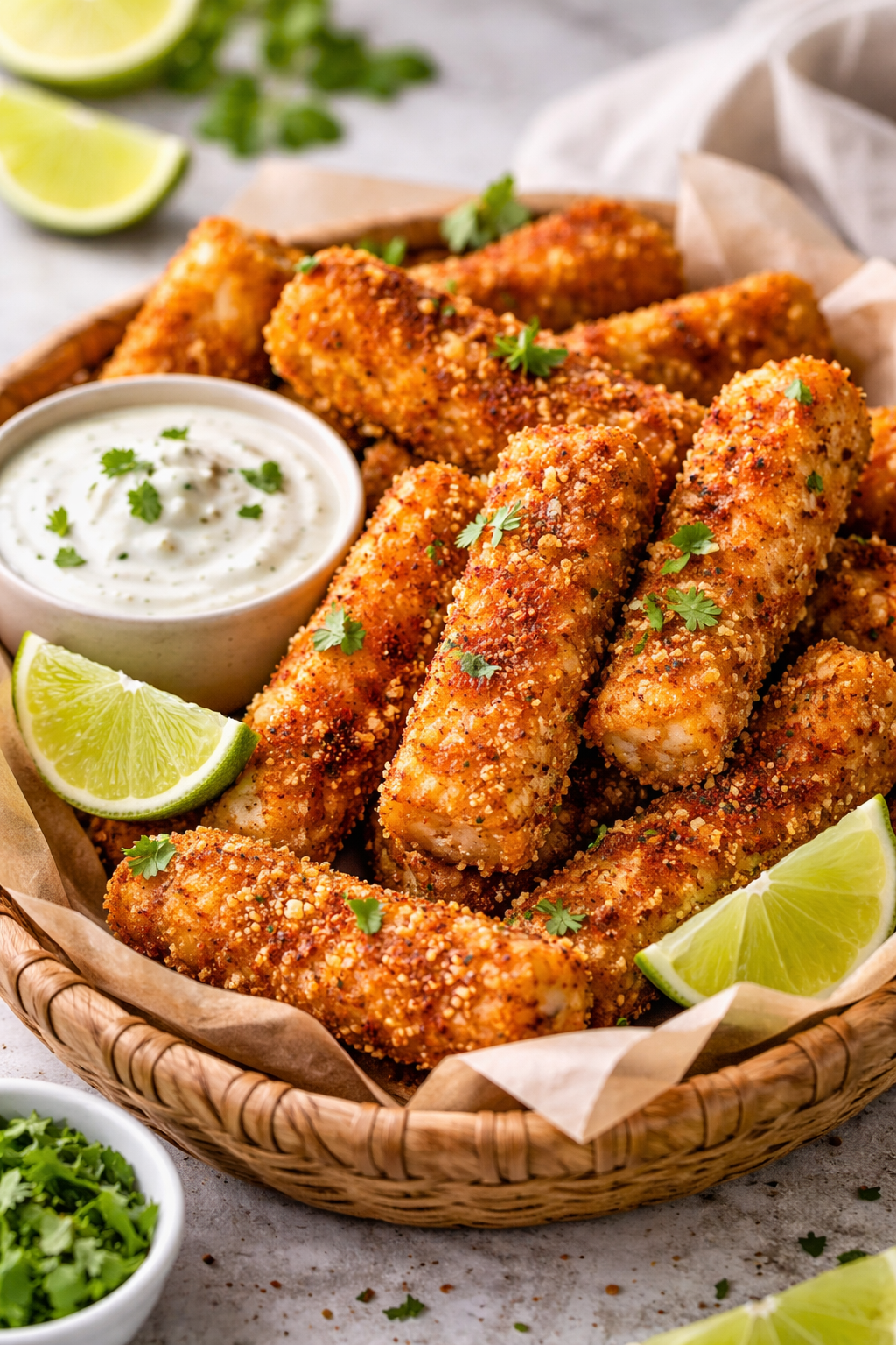 Crispy Tex Mex fish sticks with spiced coating served with creamy lime dip and fresh lime wedges