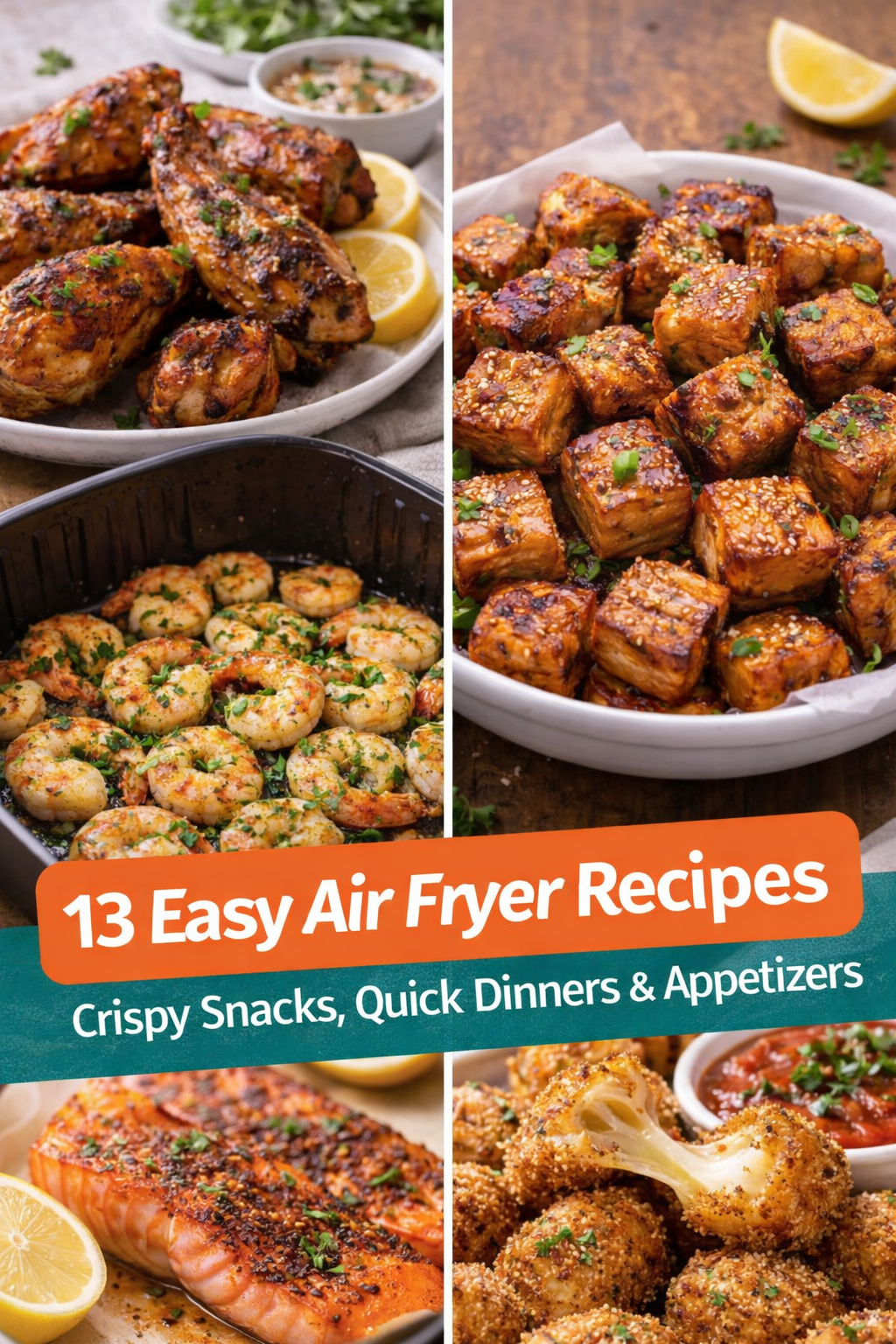 collage of easy air fryer recipes including chicken wings shrimp tofu salmon and mozzarella bites