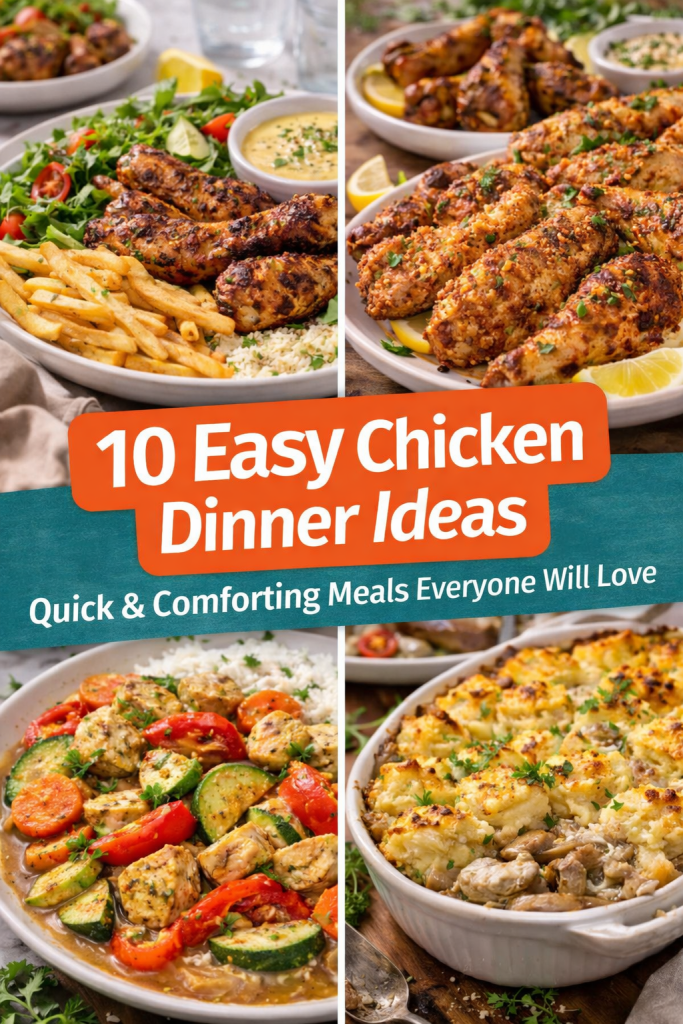 collage of easy chicken dinner ideas including wings roasted chicken vegetable chicken and creamy chicken casserole