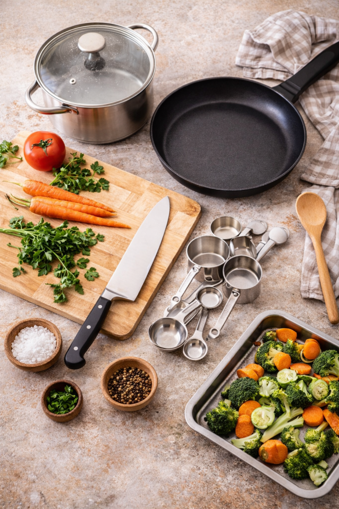 essential kitchen tools for beginners flat lay with knife pan pot and measuring cups