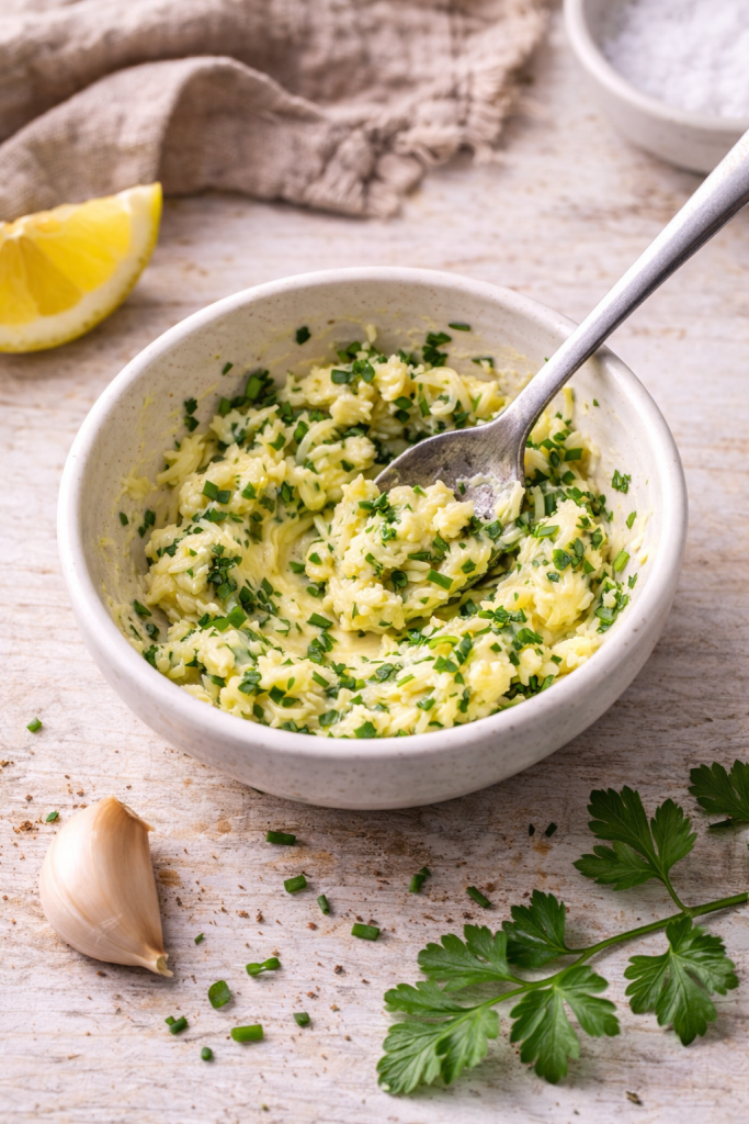 garlic herb butter being mixed in a bowl with parsley and chives