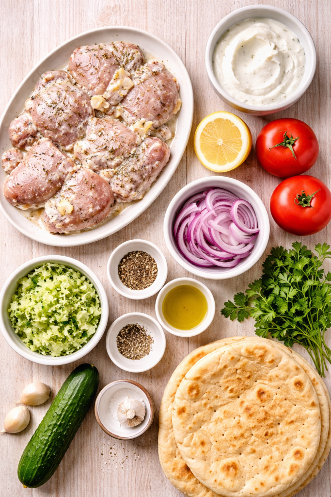 Ingredients for Greek chicken gyros including marinated chicken, yogurt, cucumber, tomatoes, red onion, garlic, herbs, and pita bread on a light wooden table