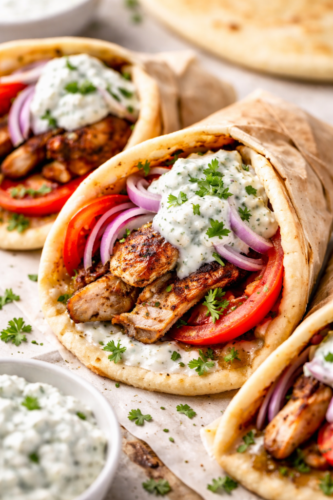 Greek chicken gyros wraps with juicy grilled chicken, fresh vegetables, and creamy homemade tzatziki in soft pita bread