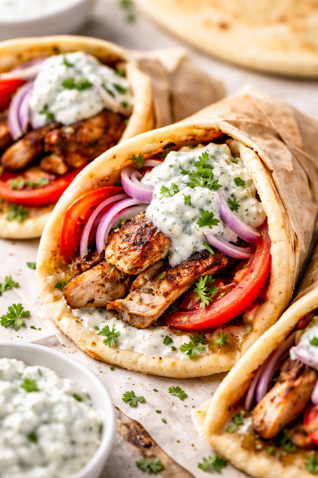 Greek chicken gyros wraps with juicy grilled chicken, fresh vegetables, and creamy homemade tzatziki in soft pita bread