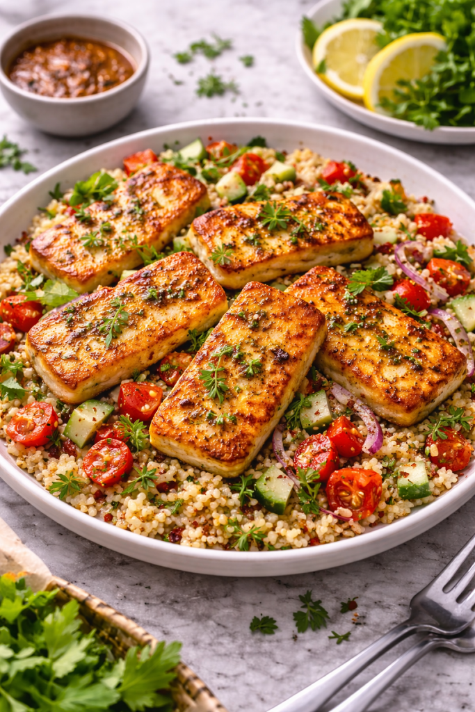 harissa halloumi couscous salad with fresh herbs and vegetables