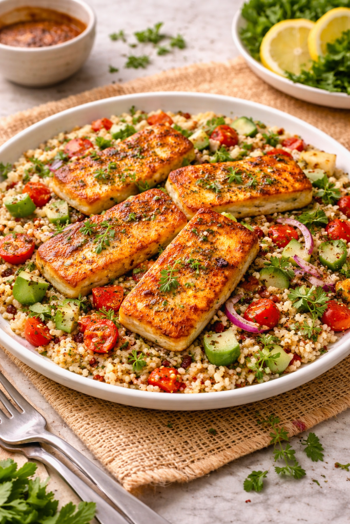harissa halloumi couscous salad with golden halloumi served on a plate on a straw-colored table