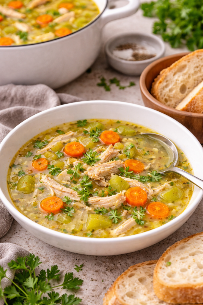 Homemade chicken soup served in bowls on a table set for a shared meal with bread and fresh herbs