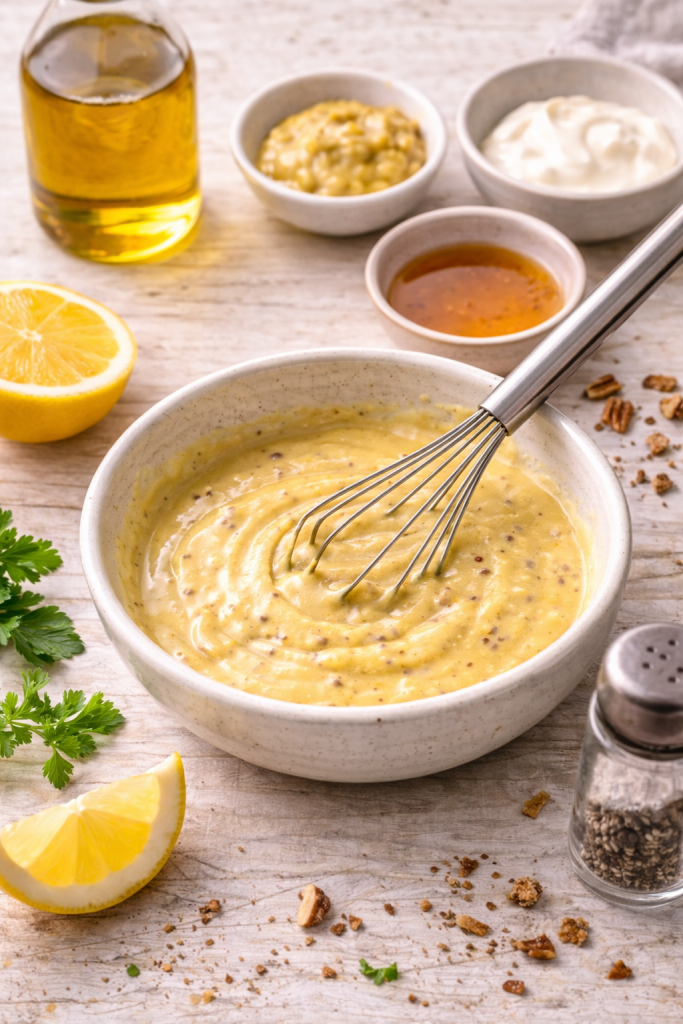 honey mustard sauce being whisked in a bowl with lemon and mustard nearby