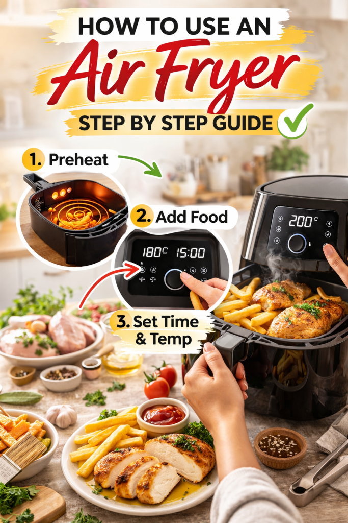 how to use an air fryer step by step beginner guide infographic with cooking process