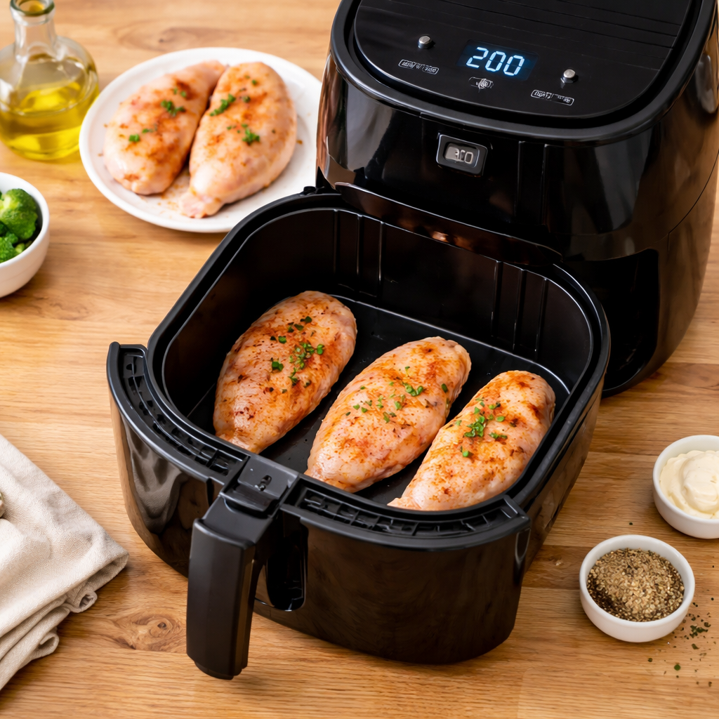 seasoned chicken breasts placed in air fryer basket before cooking