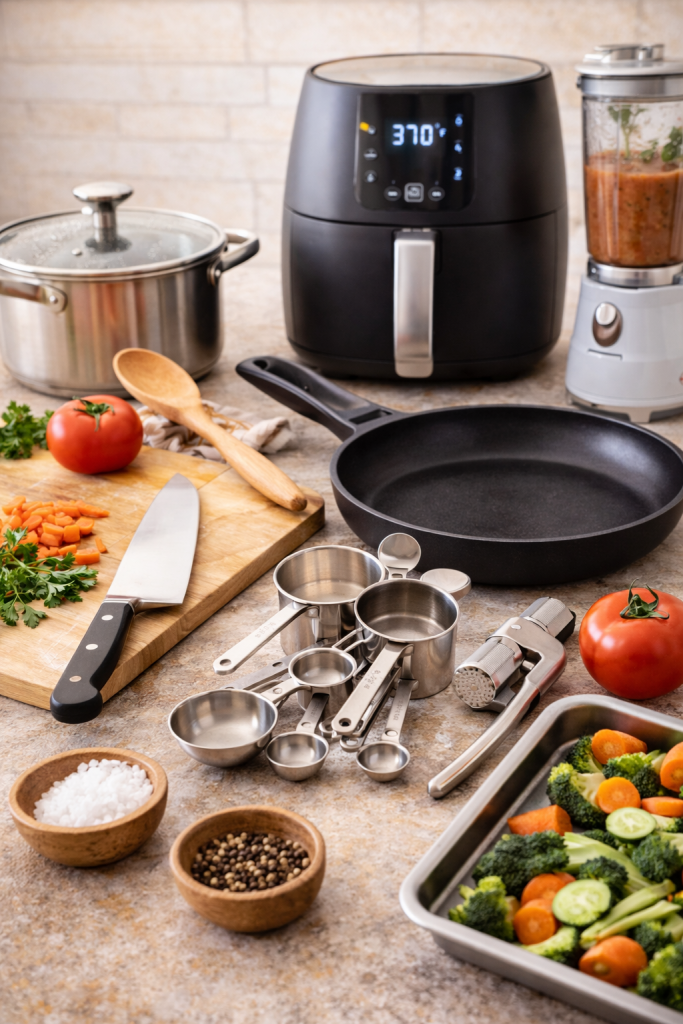 kitchen tools for beginners including air fryer blender pan and measuring cups setup