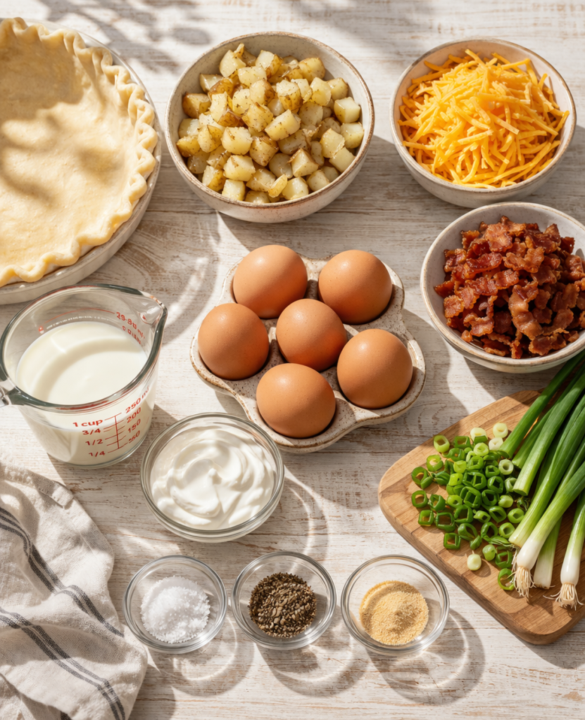 Ingredients for loaded baked potato quiche including pie crust, potatoes, bacon, eggs, cheese, sour cream, and green onions on a wooden table
