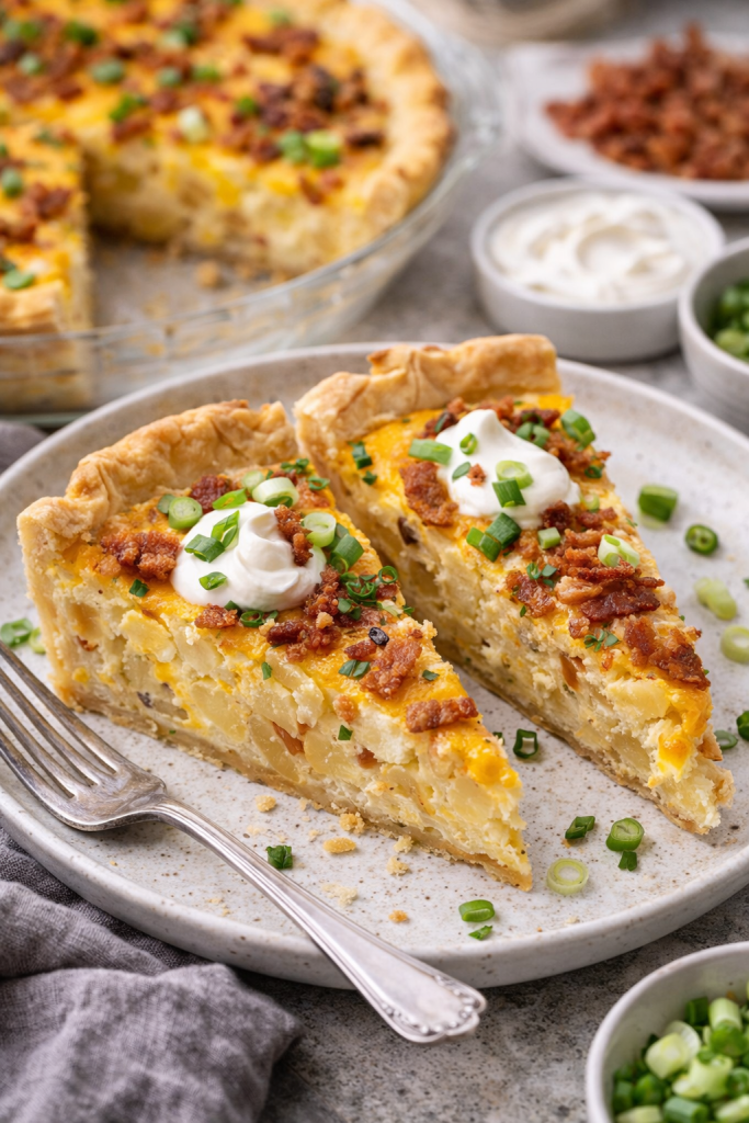 Slices of loaded baked potato quiche with bacon, cheese, sour cream, and green onions on a plate
