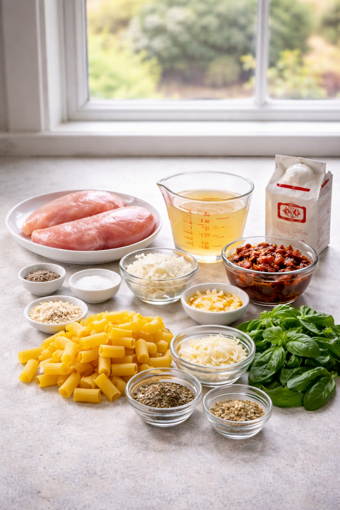 Ingredients for marry me chicken pasta including chicken, pasta, cream, broth, sun-dried tomatoes, garlic, and herbs on a kitchen counter