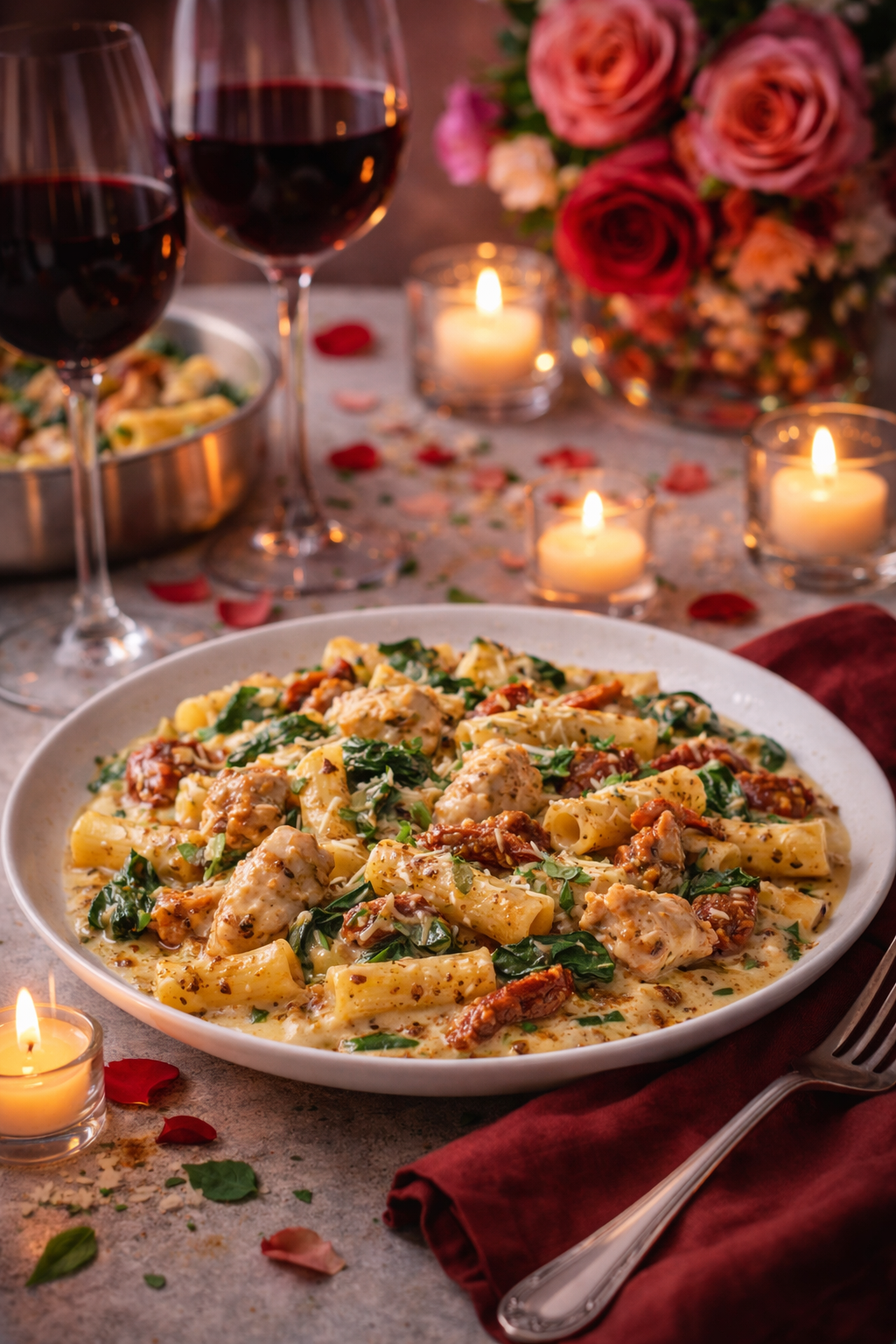 Marry me chicken pasta served on a plate in a romantic dinner setting with candles, wine glasses, and roses