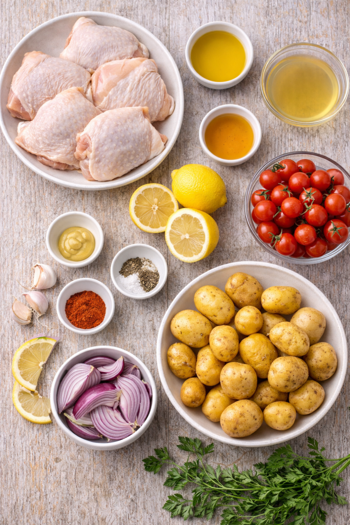 Ingredients for Mediterranean baked chicken including chicken thighs, potatoes, lemon, garlic, cherry tomatoes, onion, and spices on a wooden table