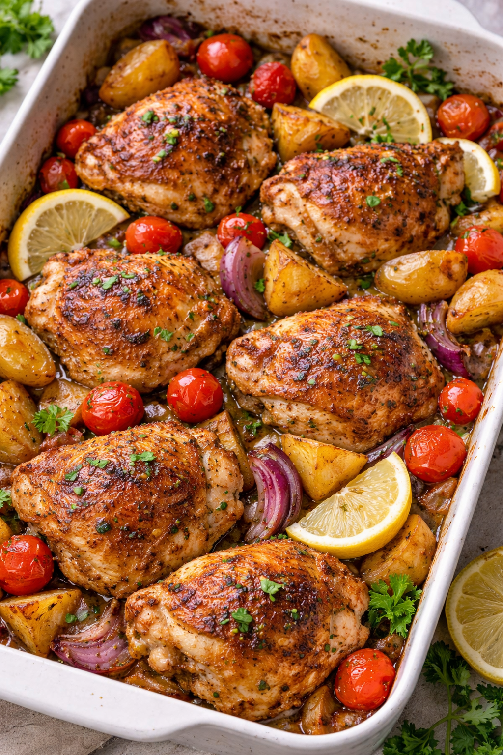 Mediterranean baked chicken with potatoes, cherry tomatoes, red onion, and lemon in a baking dish