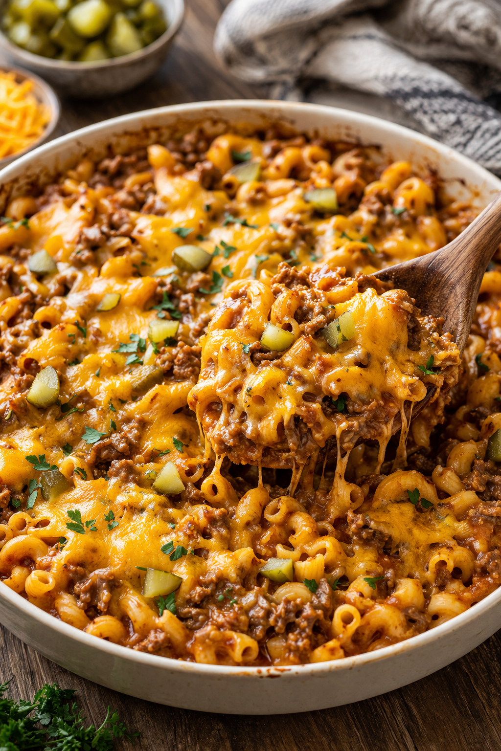 No boil cheeseburger pasta bake with ground beef, melted cheddar cheese, and pickles in a baking dish