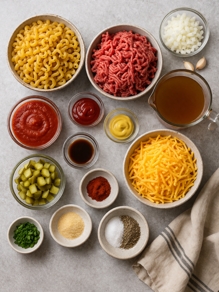 Ingredients for no boil cheeseburger pasta including ground beef, dry pasta, tomato sauce, cheese, broth, onion, garlic, and seasonings on a gray table
