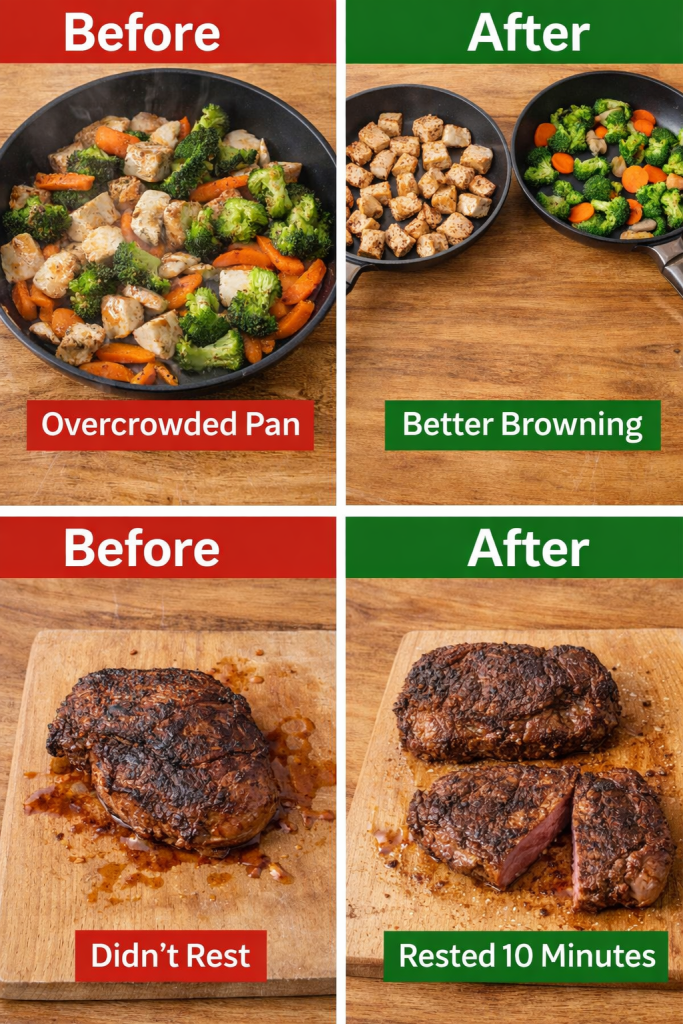 common cooking mistakes before and after comparison overcrowded pan and resting meat