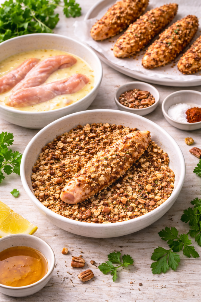 chicken strip coated in pecan breadcrumb mixture during breading process