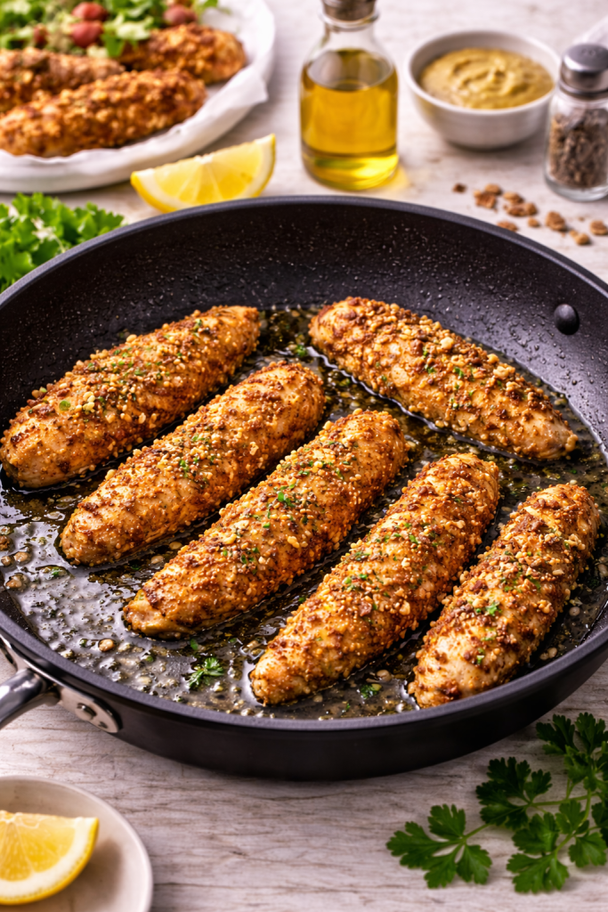 pecan crusted chicken strips frying in a skillet with olive oil