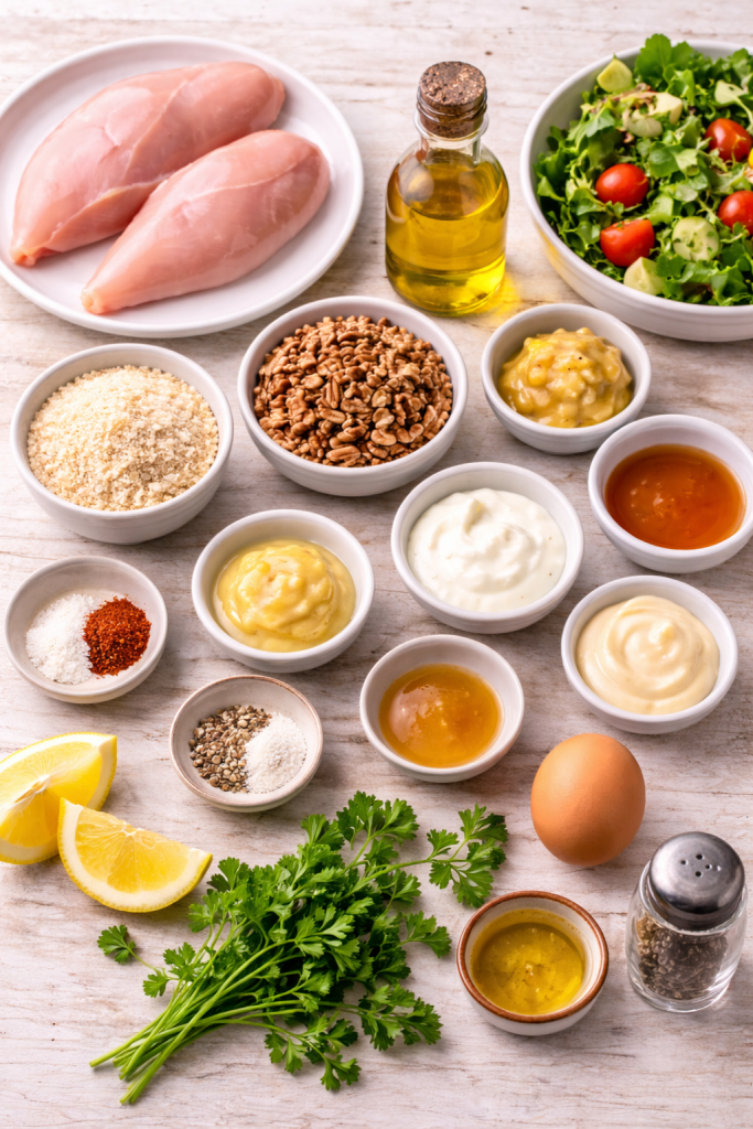 ingredients for pecan crusted chicken with honey mustard sauce on a light wooden table