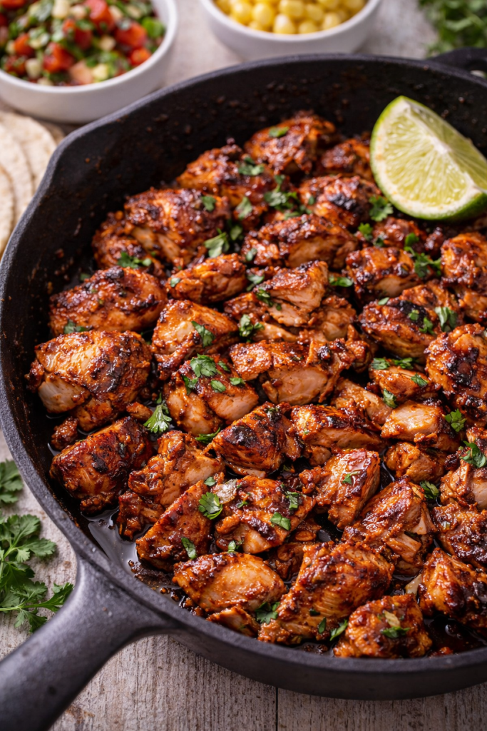 Smoky chipotle chicken cooked in a skillet with charred edges, fresh cilantro, and lime, perfect for tacos or bowls