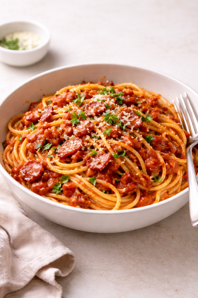 tomato and bacon pasta served in bowl minimalist style natural light
